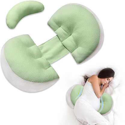 Adjustable Pregnancy Pillow with Velcro Design â Side Sleeping Support for Back, Belly, Hips & Legs, Travel-Friendly Maternity Pillow with Bonus Auxiliary Pillow(Green).