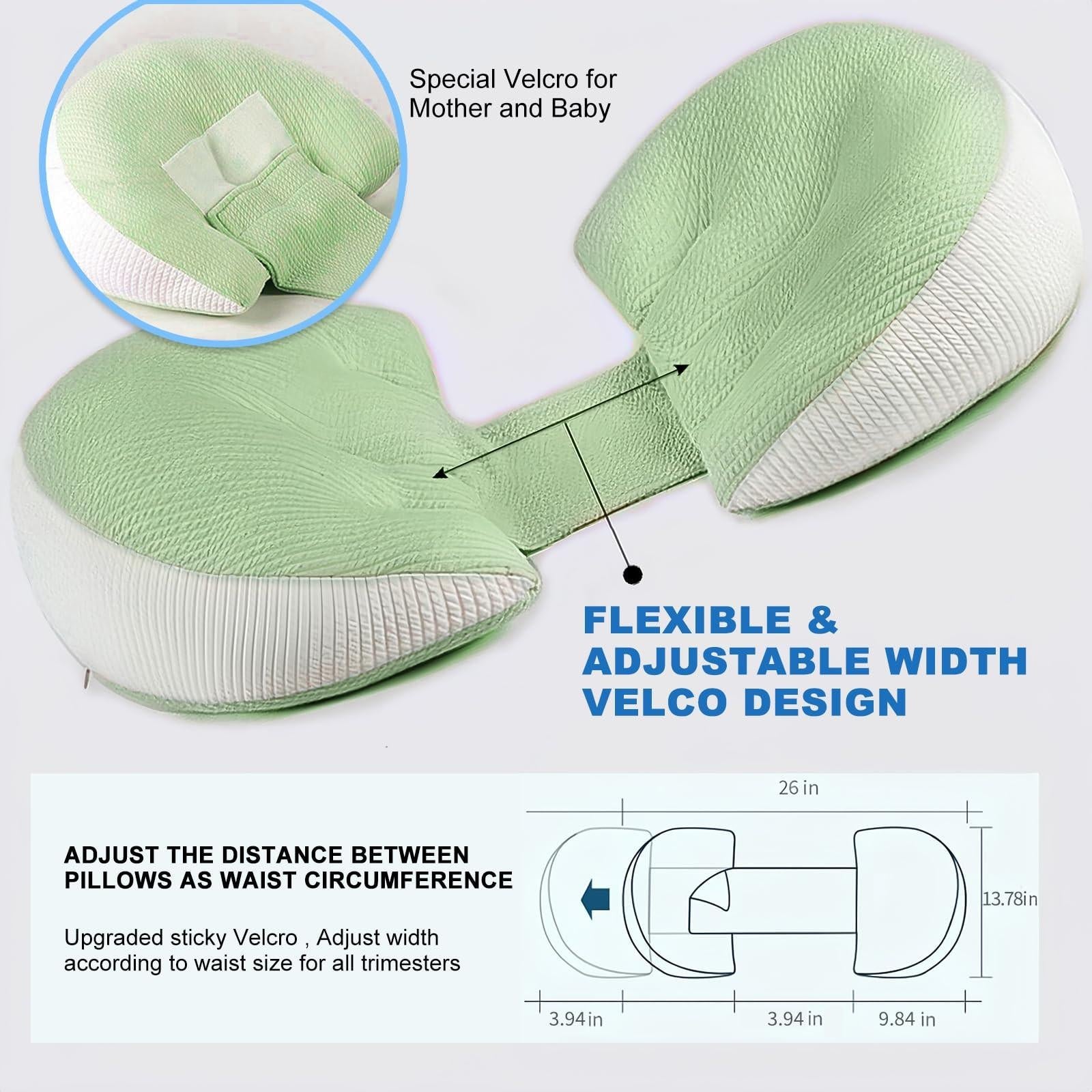 Adjustable Pregnancy Pillow with Velcro Design â Side Sleeping Support for Back, Belly, Hips & Legs, Travel-Friendly Maternity Pillow with Bonus Auxiliary Pillow(Green).
