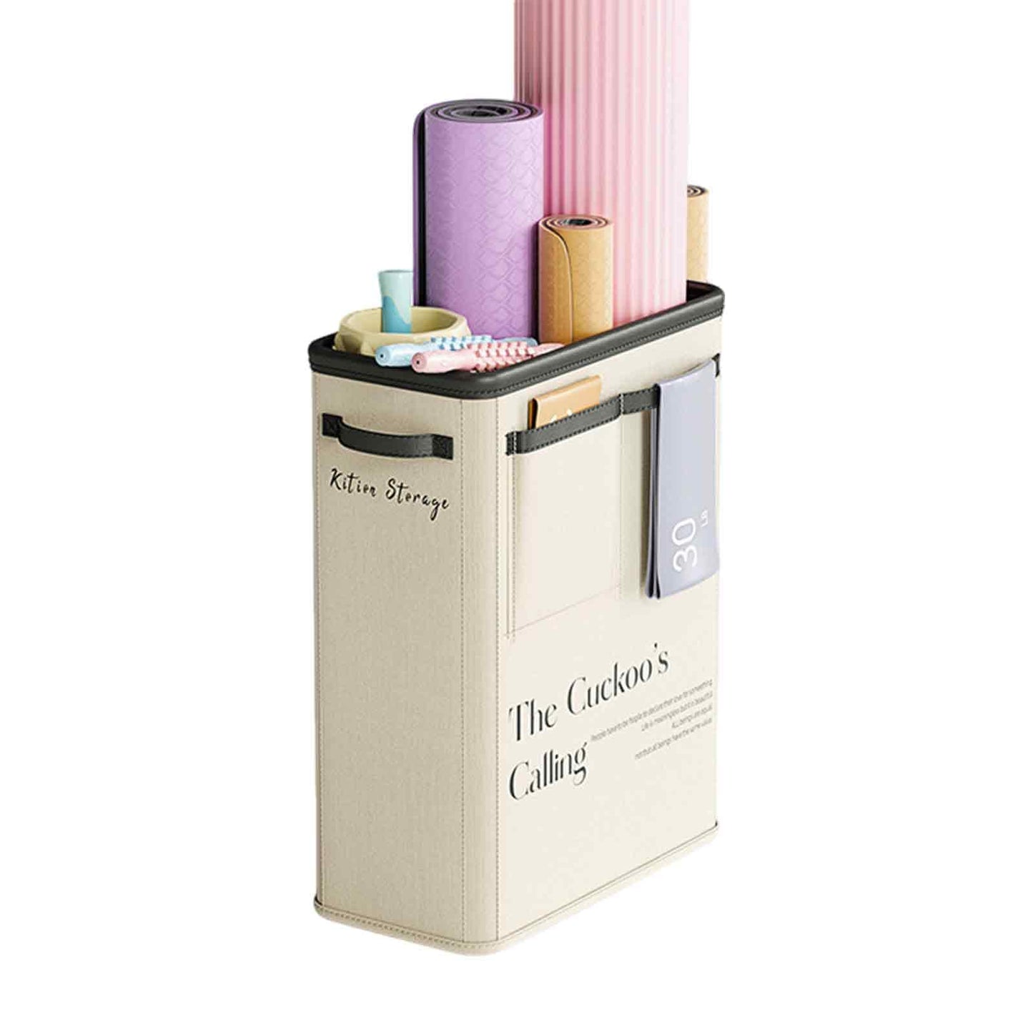 Large Capacity Foldable Yoga Mat Storage Basket â Waterproof Fabric Organizer for Gym Equipment, Dumbbells, Foam Rollers, and Mats with Side Pockets and Handle (Beige).