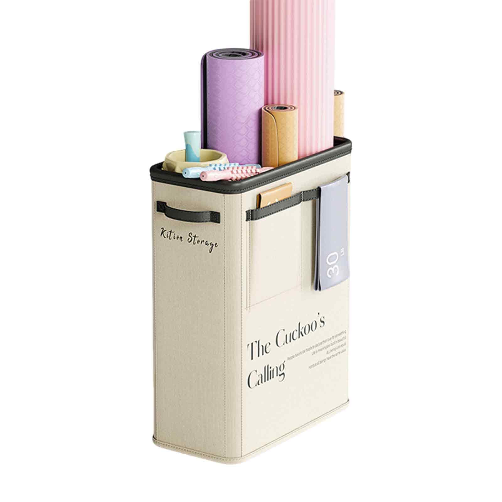 Large Capacity Foldable Yoga Mat Storage Basket â Waterproof Fabric Organizer for Gym Equipment, Dumbbells, Foam Rollers, and Mats with Side Pockets and Handle (Beige).