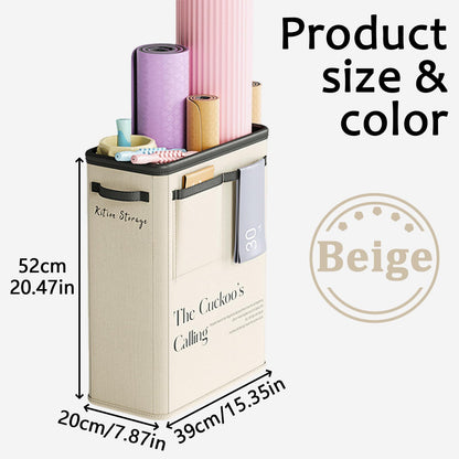 Large Capacity Foldable Yoga Mat Storage Basket â Waterproof Fabric Organizer for Gym Equipment, Dumbbells, Foam Rollers, and Mats with Side Pockets and Handle (Beige).