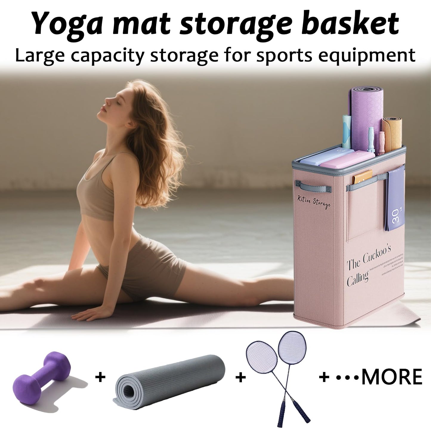 Large Capacity Foldable Yoga Mat Storage Basket â Waterproof Fabric Organizer for Gym Equipment, Dumbbells, Foam Rollers, and Mats with Side Pockets and Handle (Beige).