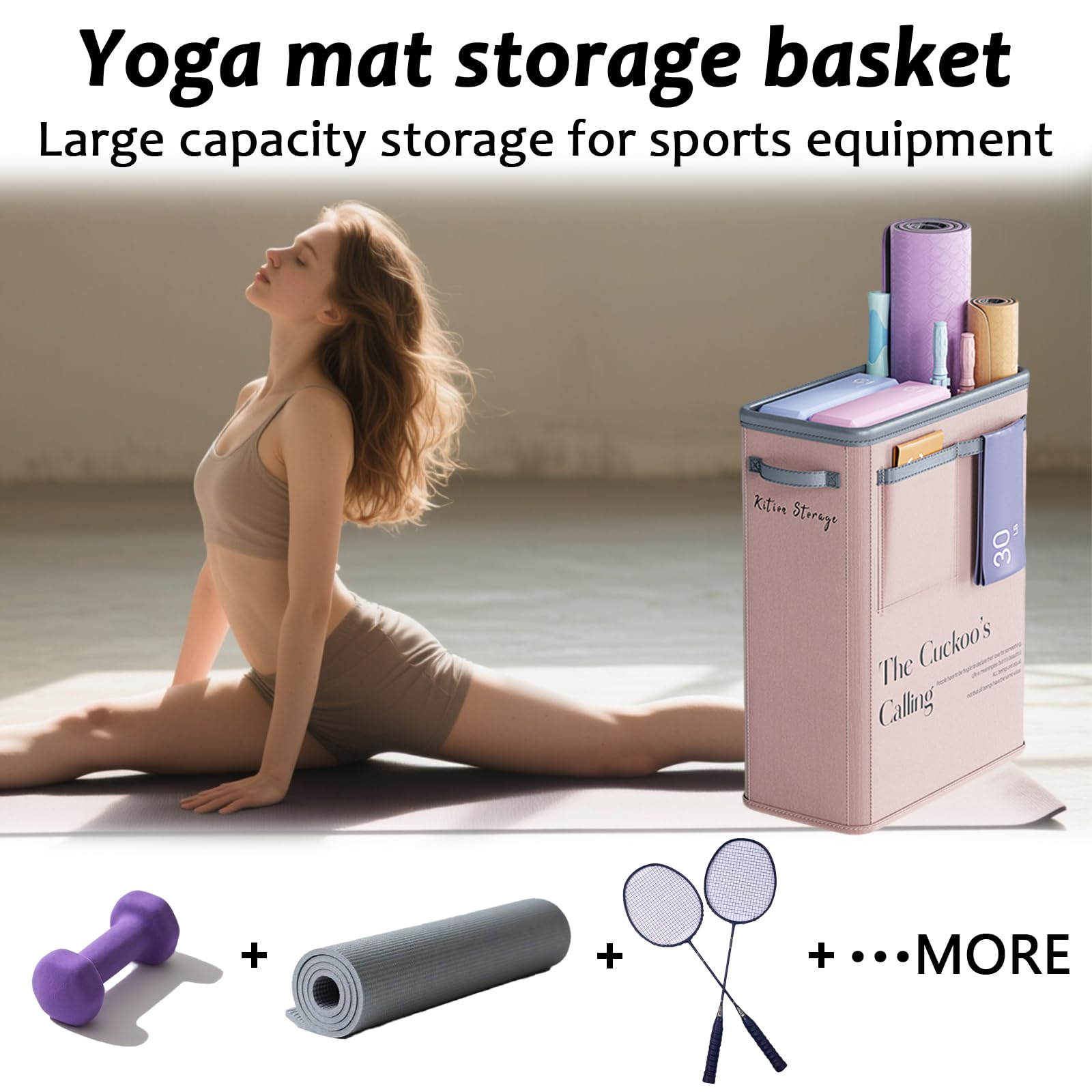 Large Capacity Foldable Yoga Mat Storage Basket â Waterproof Fabric Organizer for Gym Equipment, Dumbbells, Foam Rollers, and Mats with Side Pockets and Handle (Beige).