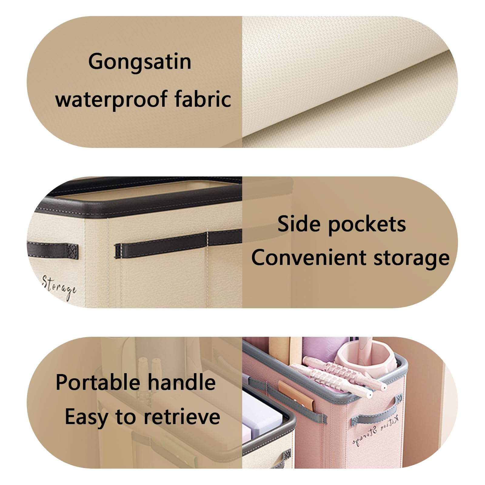 Large Capacity Foldable Yoga Mat Storage Basket â Waterproof Fabric Organizer for Gym Equipment, Dumbbells, Foam Rollers, and Mats with Side Pockets and Handle (Beige).