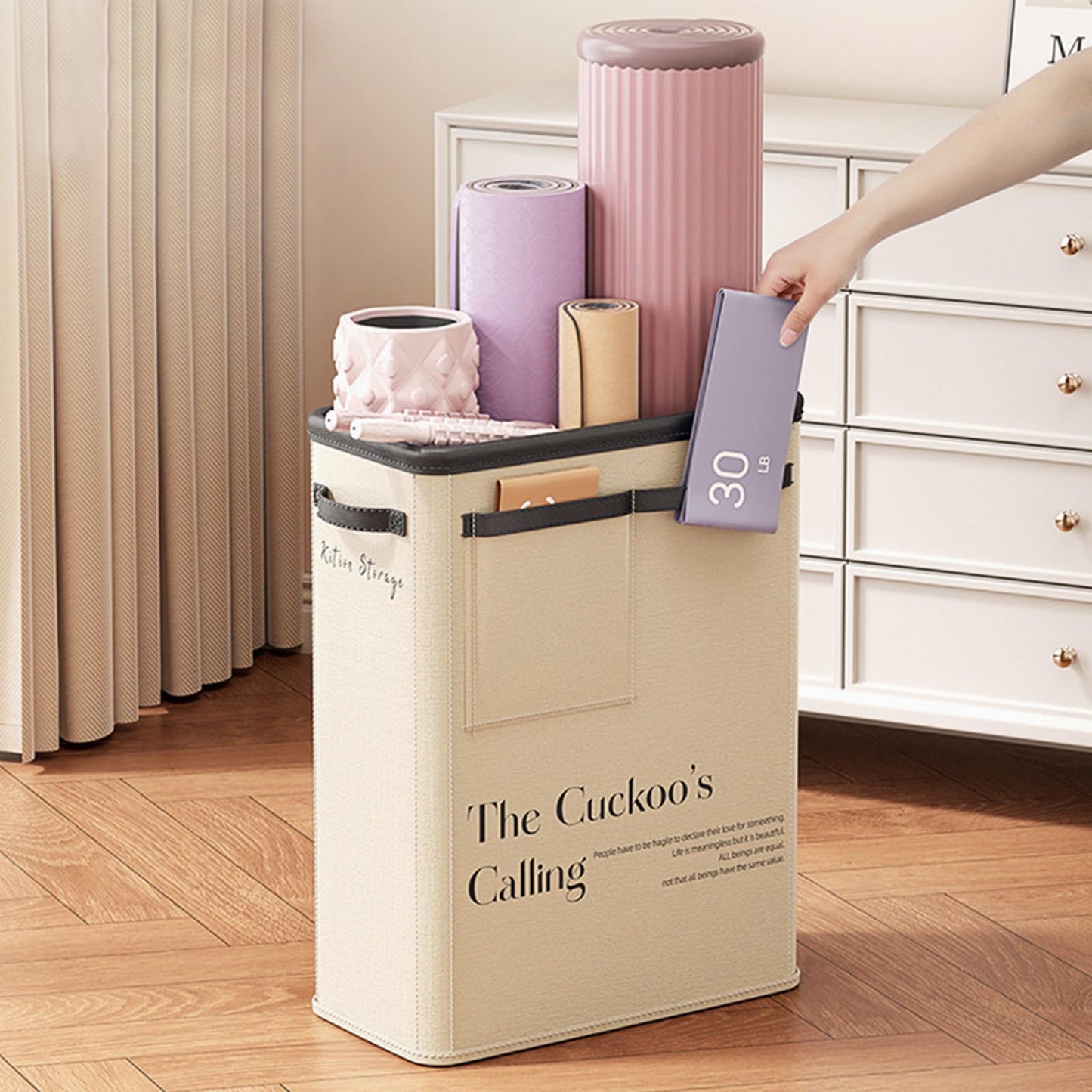 Large Capacity Foldable Yoga Mat Storage Basket â Waterproof Fabric Organizer for Gym Equipment, Dumbbells, Foam Rollers, and Mats with Side Pockets and Handle (Beige).