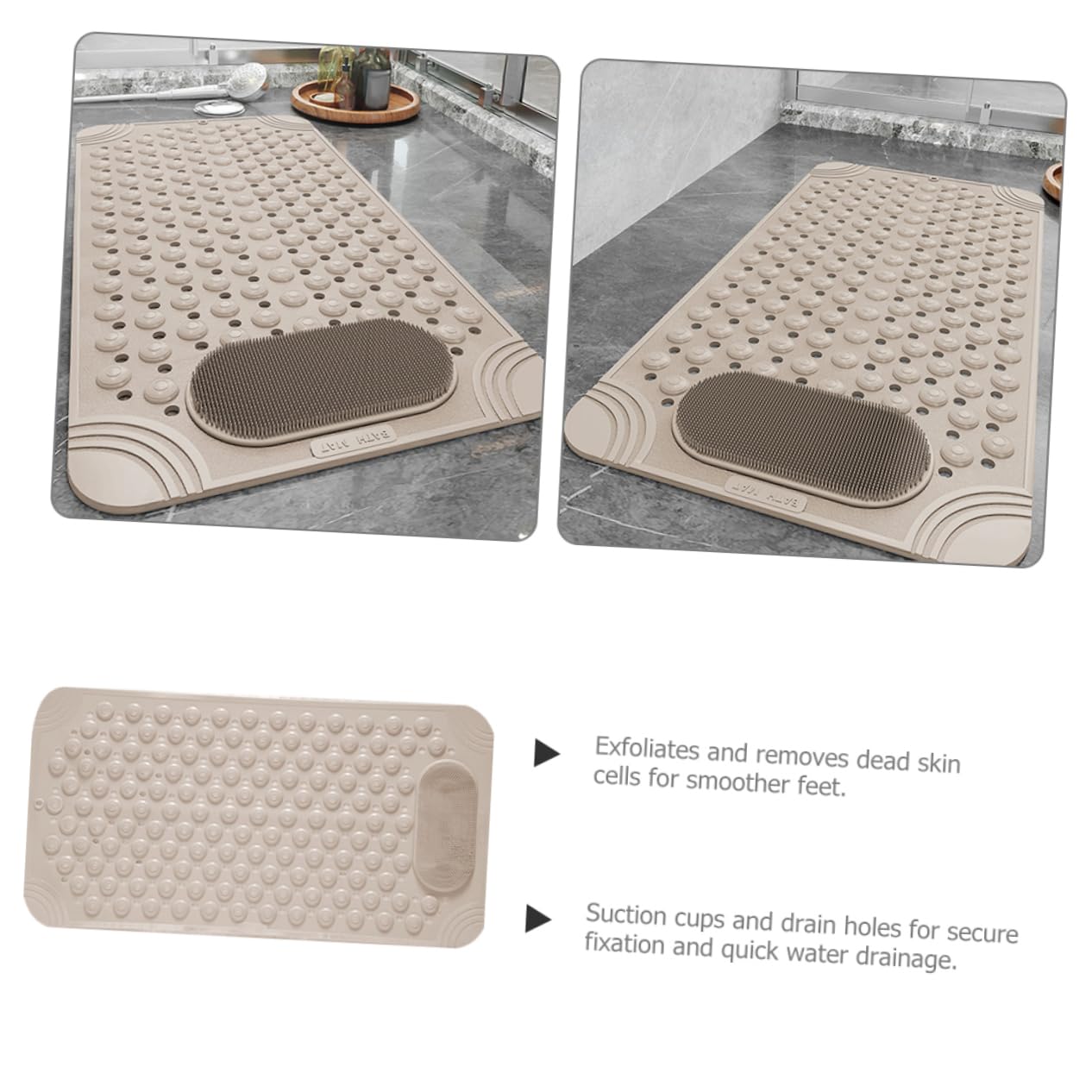 Non-Slip Bath Mat with Foot Scrubber – 80 x 50 cm, Anti-Skid Suction Cups & Drain Holes, Waterproof Shower Floor Pad with Exfoliating Brush(Grey)