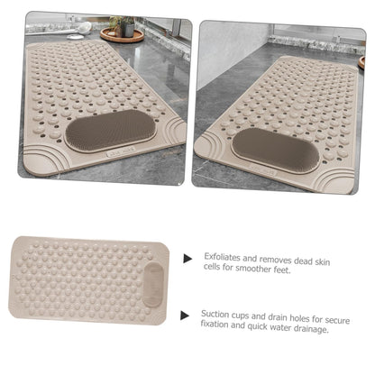 Non-Slip Bath Mat with Foot Scrubber – 80 x 50 cm, Anti-Skid Suction Cups & Drain Holes, Waterproof Shower Floor Pad with Exfoliating Brush(Grey)