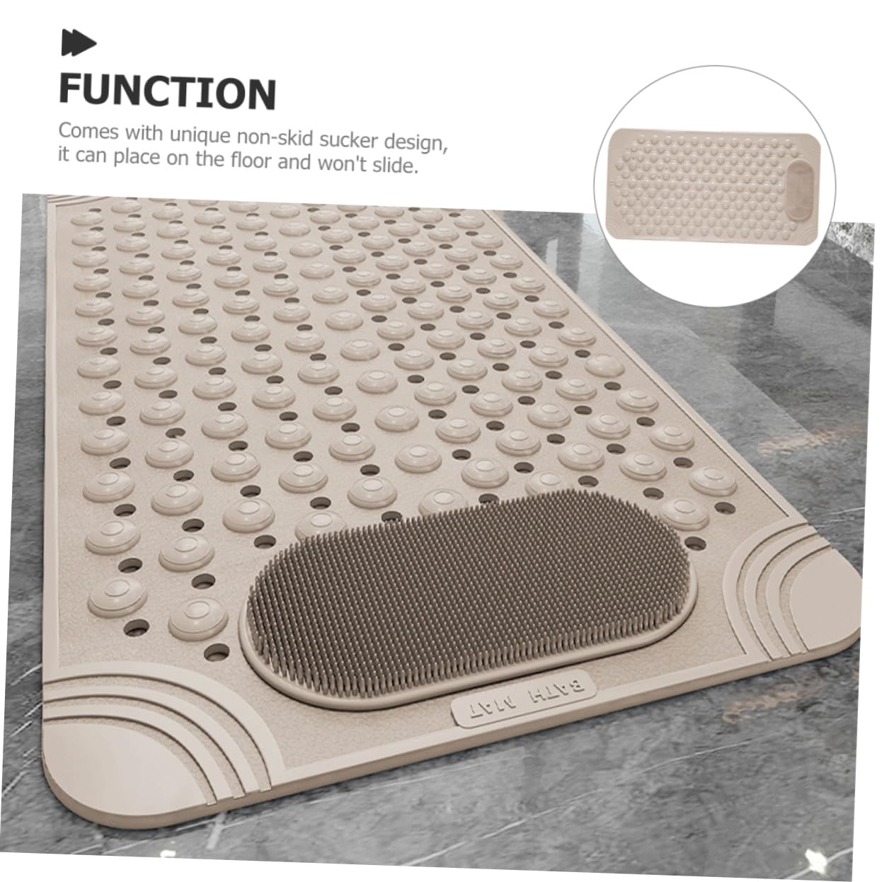 Non-Slip Bath Mat with Foot Scrubber – 80 x 50 cm, Anti-Skid Suction Cups & Drain Holes, Waterproof Shower Floor Pad with Exfoliating Brush(Grey)