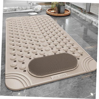 Non-Slip Bath Mat with Foot Scrubber – 80 x 50 cm, Anti-Skid Suction Cups & Drain Holes, Waterproof Shower Floor Pad with Exfoliating Brush(Grey)