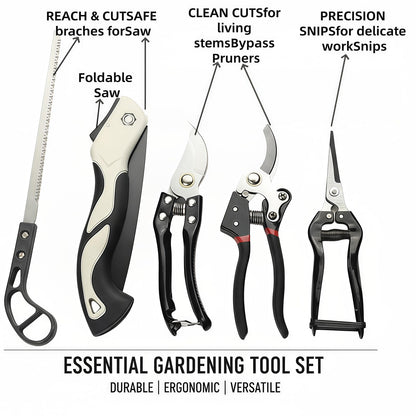 Heavy-Duty 5-Piece Gardening Tool Set – 3 Pruning Shears & 2 Folding Saws, Stainless Steel Blades, Ergonomic Handles, Compact Storage – Ideal for Trees, Shrubs, Camping, and Gift-Giving