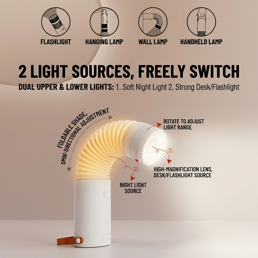 Foldable Outdoor Camping Light with Dual Brightness Modes â Rechargeable Red LED Tent Lamp, IP65 Waterproof, Magnetic Base & Adjustable Neck for Hiking and Emergency Use (Red).