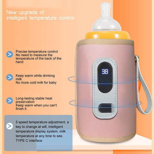 USB Baby Bottle Warmer â Portable Digital Milk Heater with 5-Temperature Settings, Rechargeable and Waterproof for Travel and Home Use (Pink).