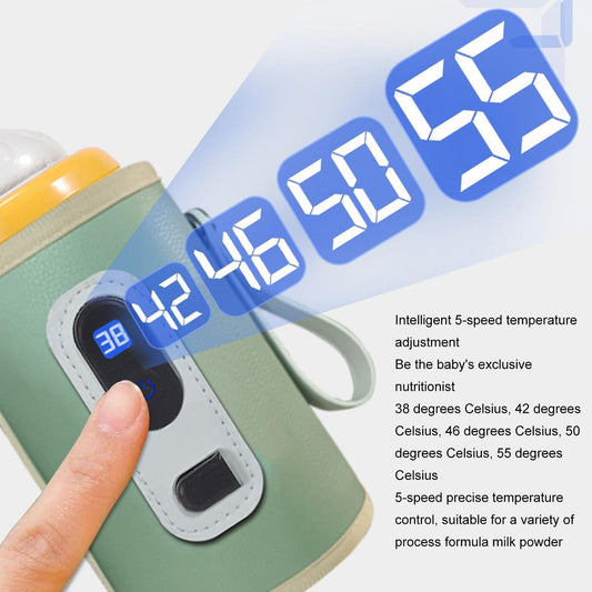USB Baby Bottle Warmer â Portable Digital Milk Heater with 5-Temperature Settings, Rechargeable and Waterproof for Travel and Home Use (Green).