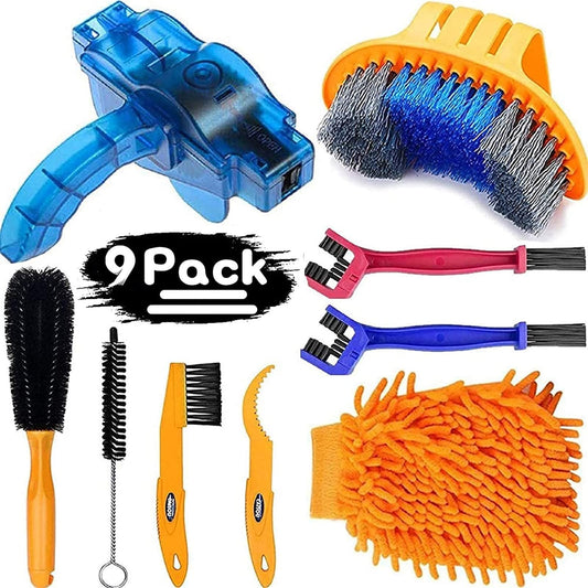 9-Piece Bike Cleaning Kit â Chain Cleaner, Tire Brush, Frame Scrubber, Gear Brush, Microfiber Glove for Mountain, Road, BMX Bikes (Yellow-Orange)