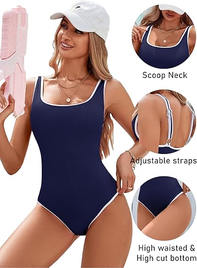 Women's Dark Blue One Piece Swimsuit with White Trim: Adjustable Strap, Ribbed, High Cut for Sports & Beach（S）