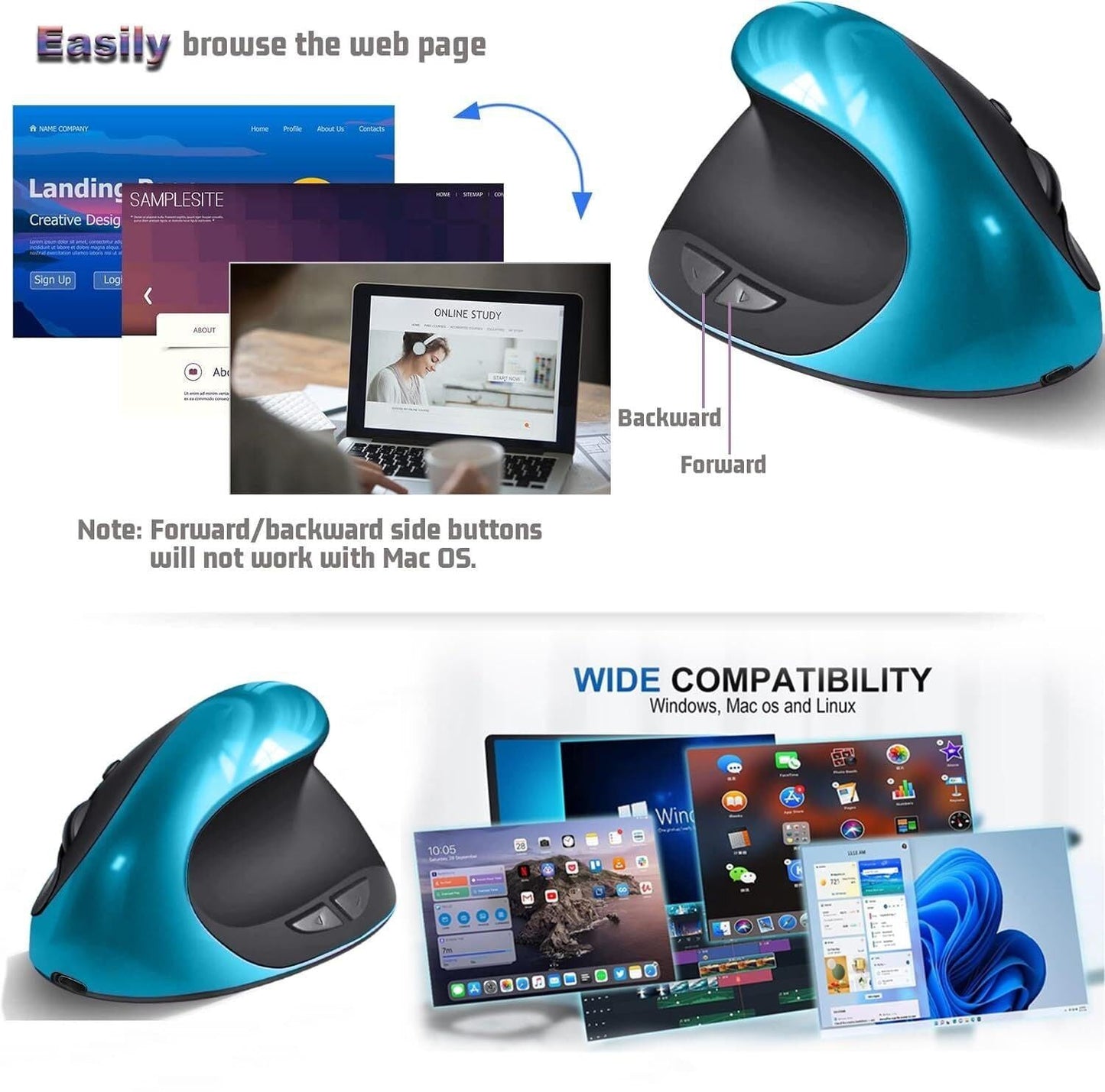 Blue Ergonomic Wireless Vertical Mouse (Small Hand-Friendly): USB-C Rechargeable, 2.4G 3-DPI, Reduce Wrist Strain (Right-Handed).