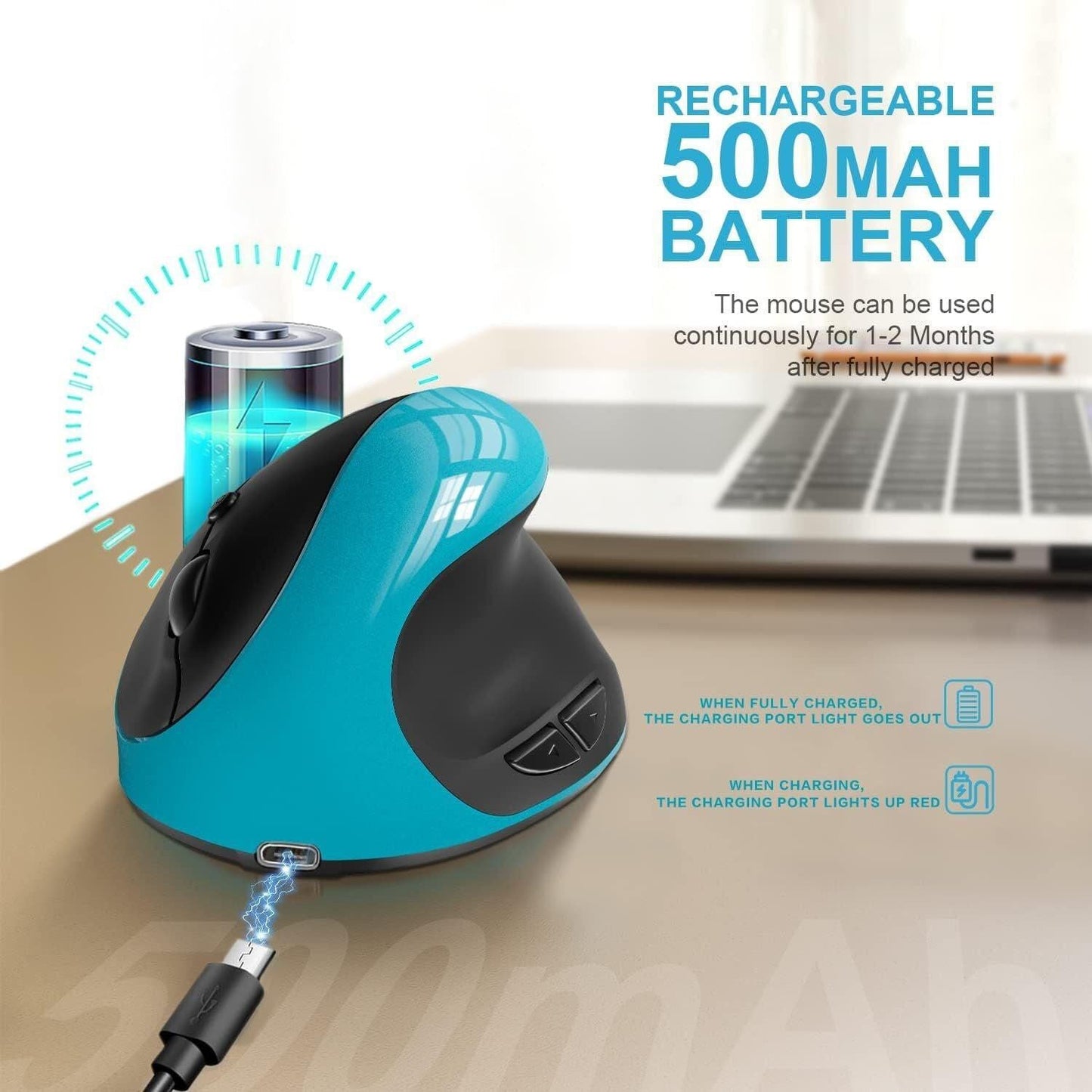 Blue Ergonomic Wireless Vertical Mouse (Small Hand-Friendly): USB-C Rechargeable, 2.4G 3-DPI, Reduce Wrist Strain (Right-Handed).