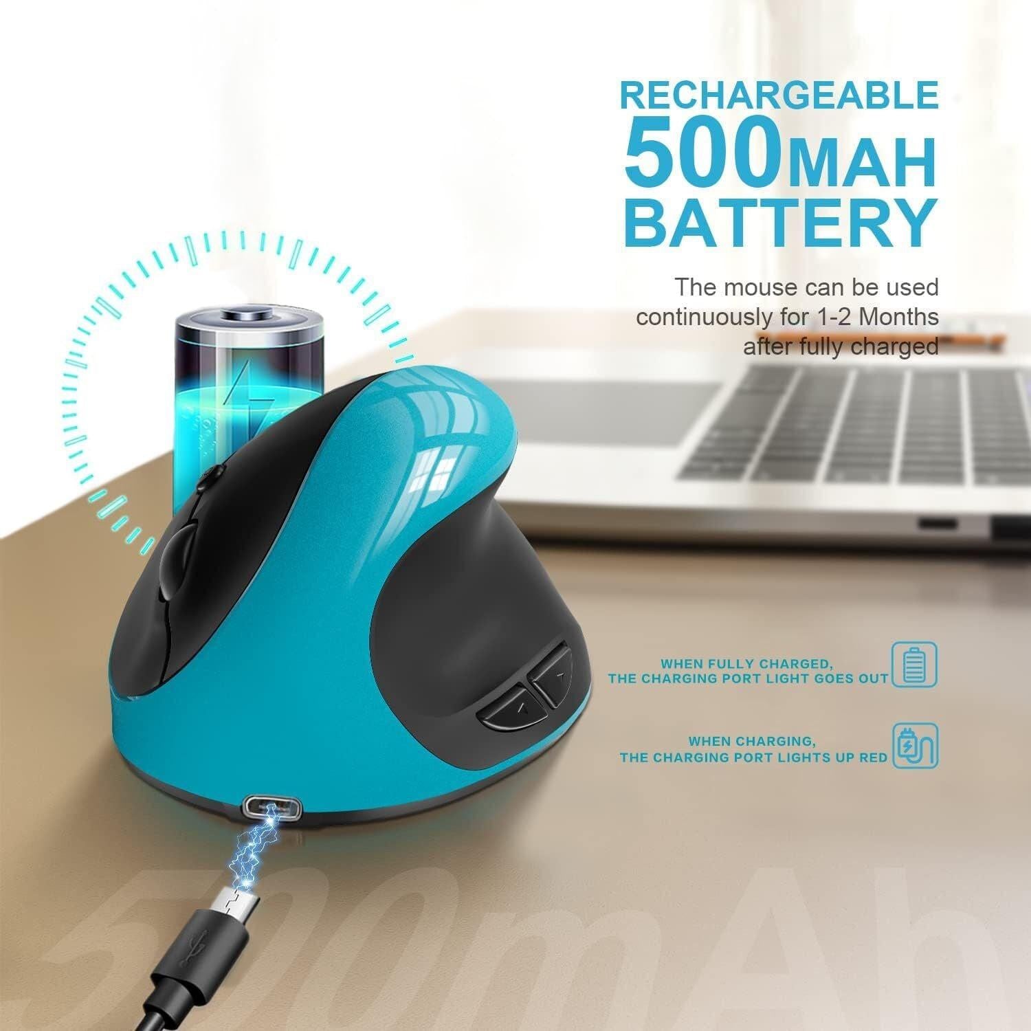 Blue Ergonomic Wireless Vertical Mouse (Small Hand-Friendly): USB-C Rechargeable, 2.4G 3-DPI, Reduce Wrist Strain (Right-Handed).
