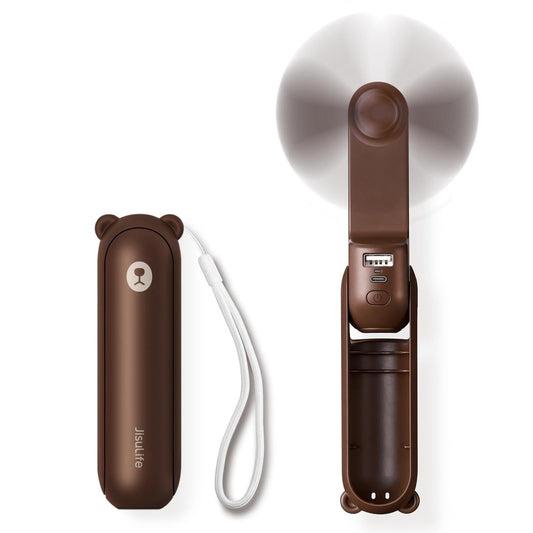 Handheld Mini Fan (Brown), 3-in-1 USB Rechargeable Portable Fan with Power Bank & Flashlight, Pocket Design for Travel & Summer.