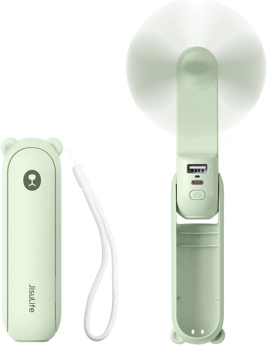 Handheld Mini Fan (Green), 3-in-1 USB Rechargeable Portable Fan with Power Bank & Flashlight, Pocket Design for Travel & Summer.