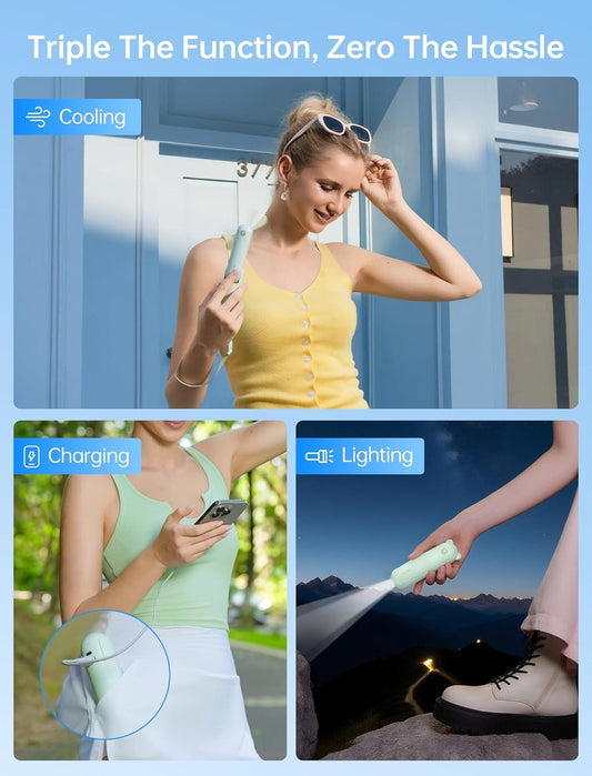 Handheld Mini Fan (Green), 3-in-1 USB Rechargeable Portable Fan with Power Bank & Flashlight, Pocket Design for Travel & Summer.