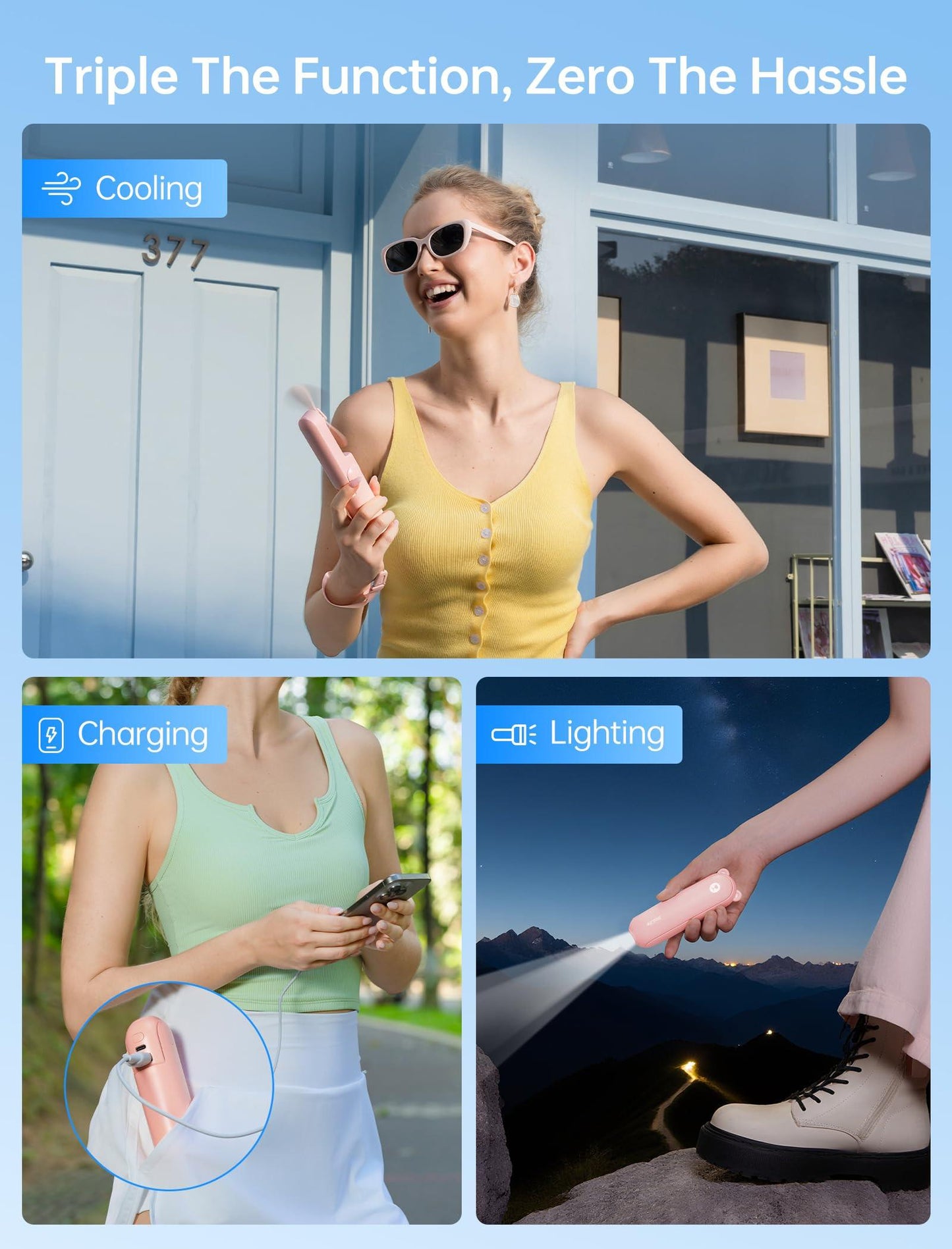 Handheld Mini Fan (Pink), 3-in-1 USB Rechargeable Portable Fan with Power Bank & Flashlight, Pocket Design for Travel & Summer.