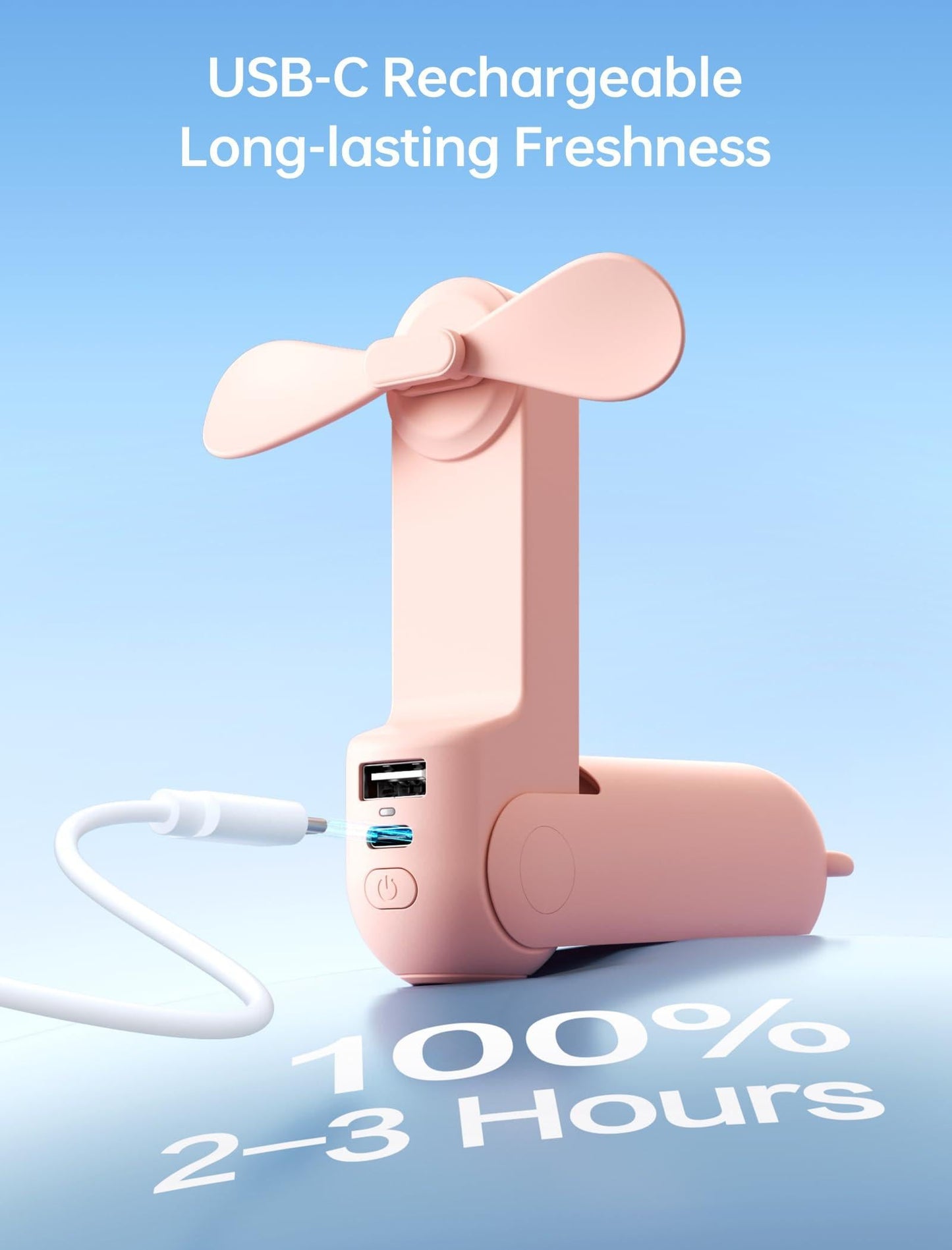 Handheld Mini Fan (Pink), 3-in-1 USB Rechargeable Portable Fan with Power Bank & Flashlight, Pocket Design for Travel & Summer.