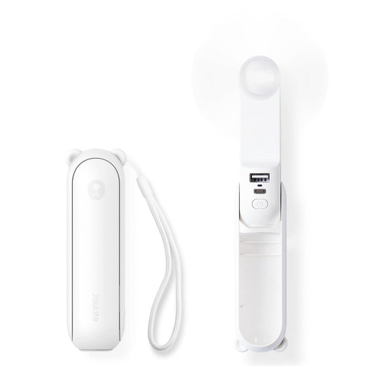Handheld Mini Fan (White), 3-in-1 USB Rechargeable Portable Fan with Power Bank & Flashlight, Pocket Design for Travel & Summer.