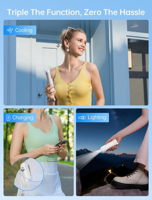 Handheld Mini Fan (White), 3-in-1 USB Rechargeable Portable Fan with Power Bank & Flashlight, Pocket Design for Travel & Summer.