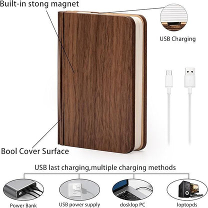 Christmas giftsRechargeable LED Book Night Light: Creative Folding Wooden Lamp with Magnetic Design for Bedrooms & Gifting(Walnut Black,XL)