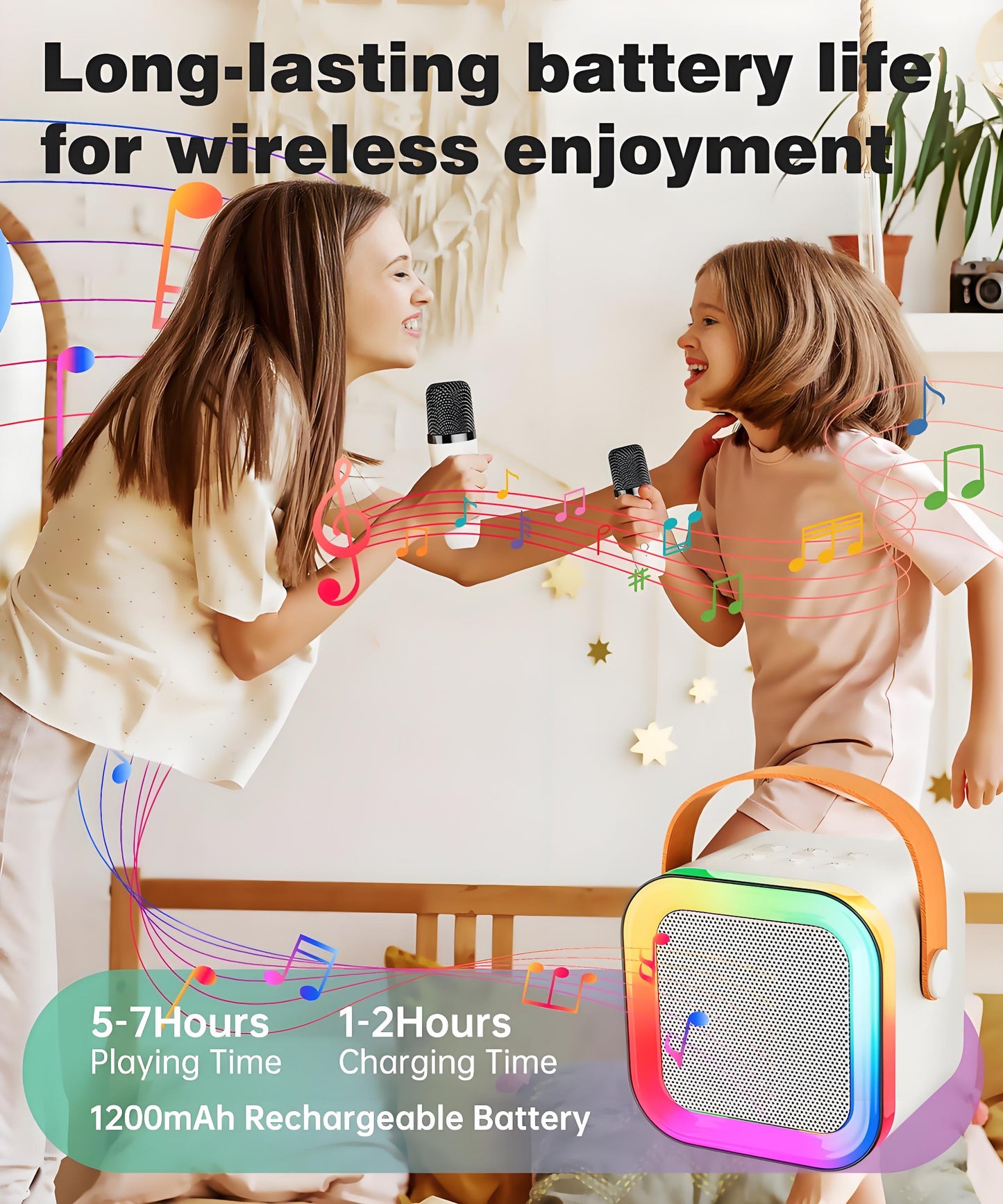 Off-White Mini Karaoke Machine with 2 Wireless Microphones: Portable Bluetooth Speaker for Kids & Adults, Ideal Gift for All Occasions