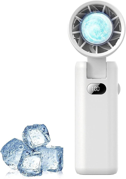 Portable Handheld Turbo Fan with Cooling Tech, Digital Display, 100-Speed Control, Rechargeable 4-in-1 Personal Fan for Travel, Outdoor, Office (White).