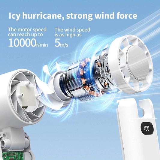Portable Handheld Turbo Fan with Cooling Tech, Digital Display, 100-Speed Control, Rechargeable 4-in-1 Personal Fan for Travel, Outdoor, Office (White).