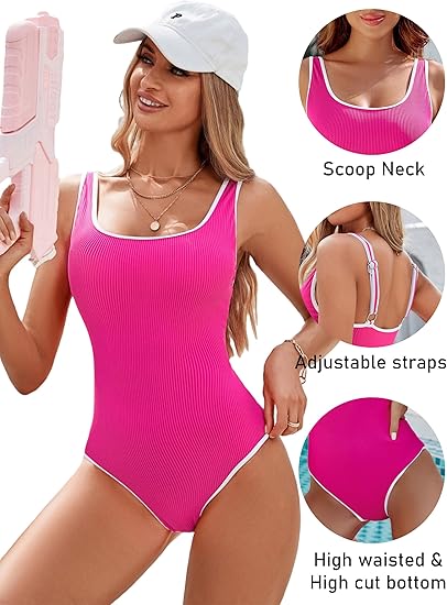 Women's Red One Piece Swimsuit with White Trim: Adjustable Strap, Ribbed, High Cut for Sports & Beach（XXL）
