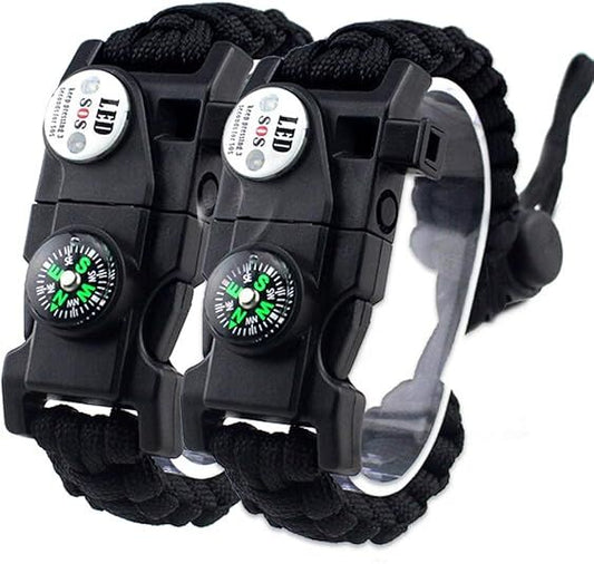 21 in 1 Survival Bracelet, Paracord Emergency Outdoor Sports Wristband Kit Waterproof Compass, SOS LED Light, Thermometer, Rescue Whistle, Fire Starter. Multi 21 Tools (Black 2 Pc).