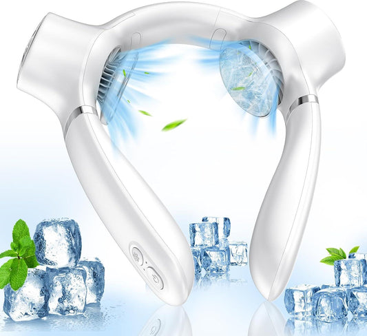 White Portable Neck Fan: Hands-Free Wearable Air Conditioner with 4000mAh Battery for Australian Travel & Daily Use.