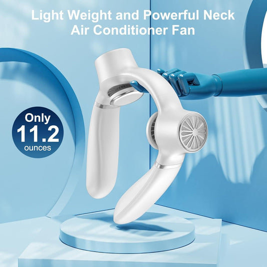 White Portable Neck Fan: Hands-Free Wearable Air Conditioner with 4000mAh Battery for Australian Travel & Daily Use.