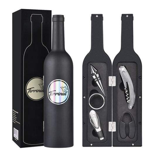 Wine Accessories Gift Set (Black), 5-Piece Bottle Corkscrew Opener Kit with Novelty Bottle-Shaped Case, Valentine's Day Gift for Wine Lovers.