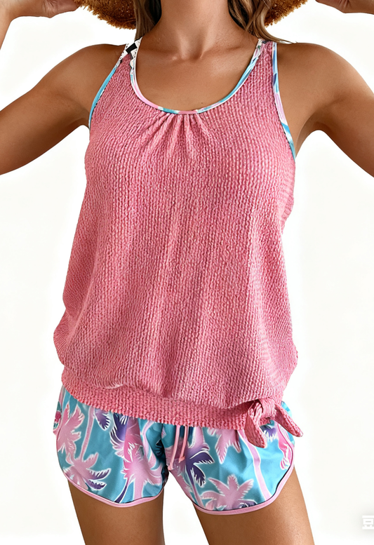 Palm Tree Print Holiday-Style Knit Fabric Two-Piece Swimsuit Size L