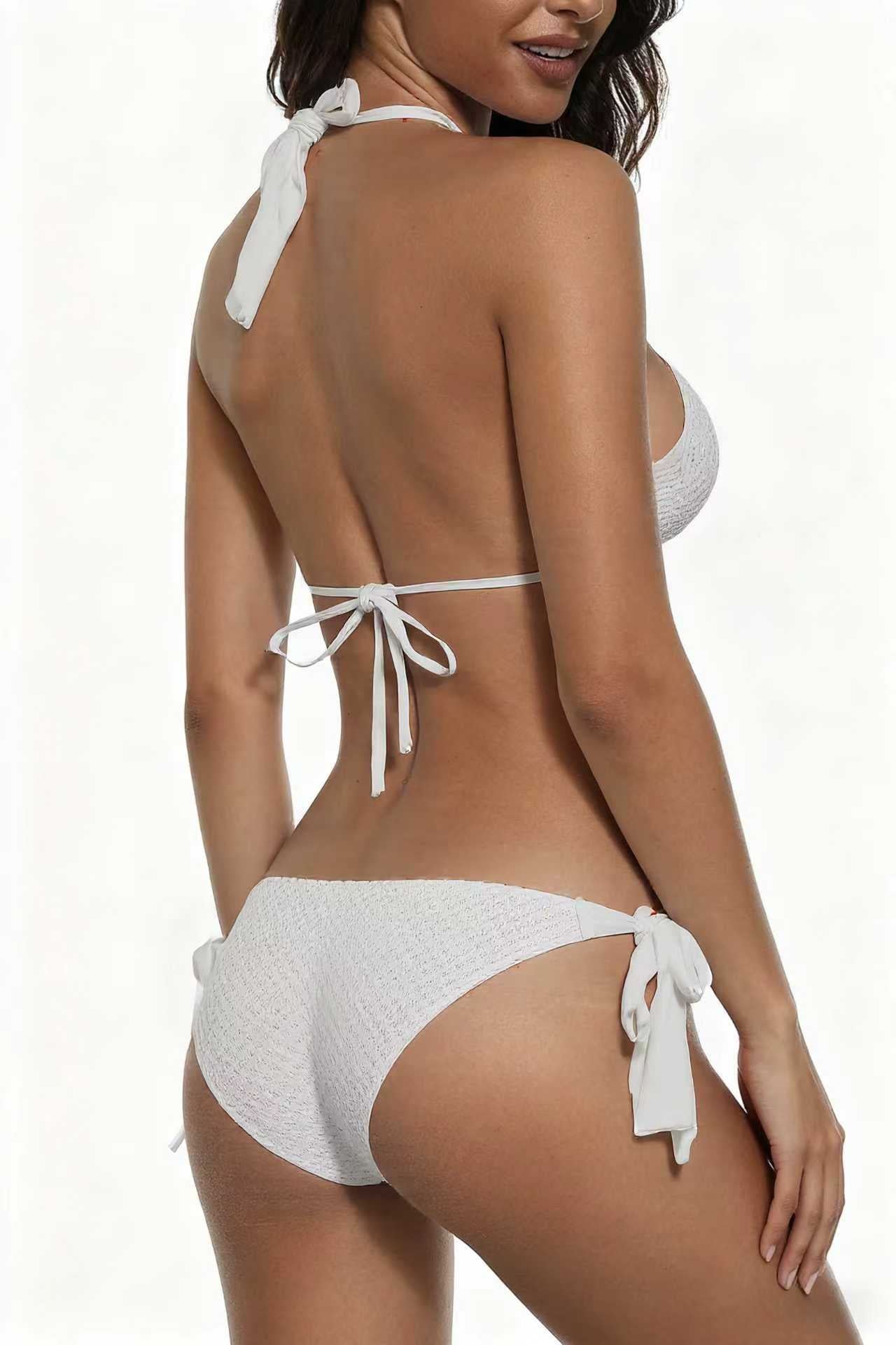 Three-Dimensional Pattern Fabric Bikini White Simple Metal Chain Swimsuit Sexy Deep V Tie Swimwear Size S