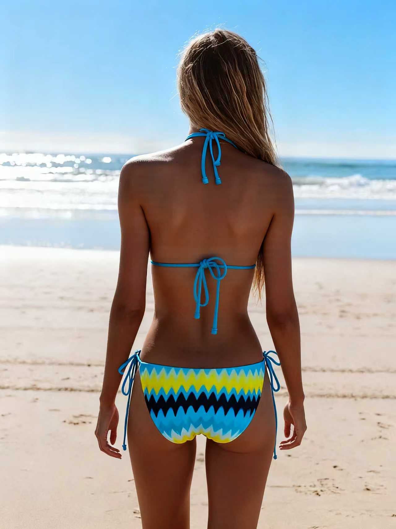 2026 New Bikini Yellow and Blue Color Clash Design Swimsuit Wave Pattern Print Eco-friendly Fabric Size L
