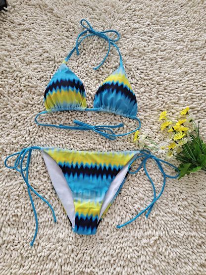 2026 New Bikini Yellow and Blue Color Clash Design Swimsuit Wave Pattern Print Eco-friendly Fabric Size M
