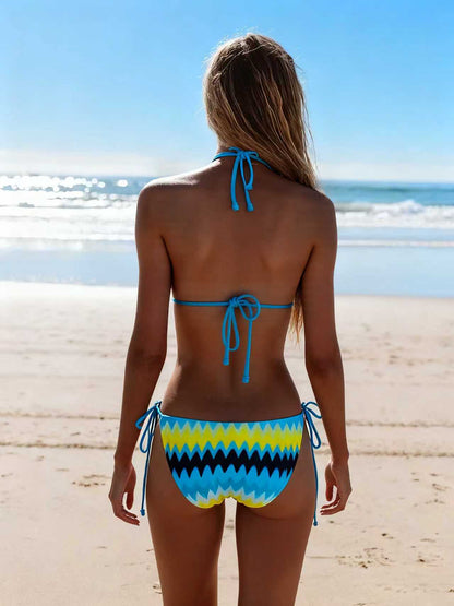 2026 New Bikini Yellow and Blue Color Clash Design Swimsuit Wave Pattern Print Eco-friendly Fabric Size S