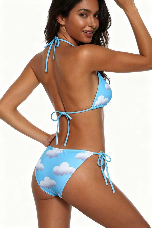 White Clouds Cute Bikini Sky Blue Deep V Tie Swimsuit Size XL