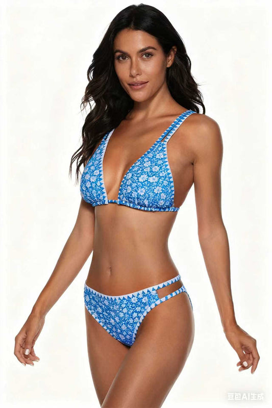 Adjustable Strap Blue Floral Print Swimwear Set Size S