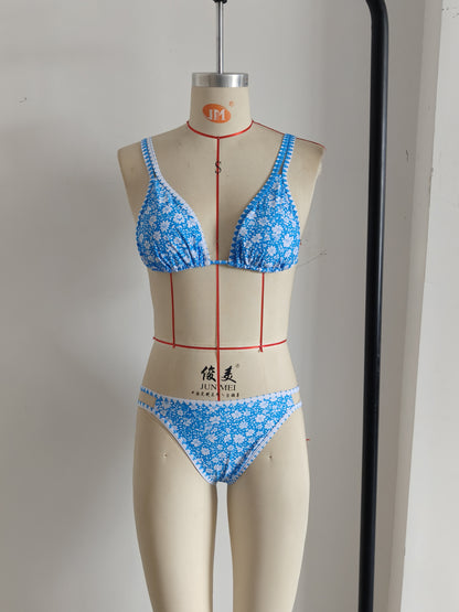 Adjustable Strap Blue Floral Print Swimwear Set Size XL