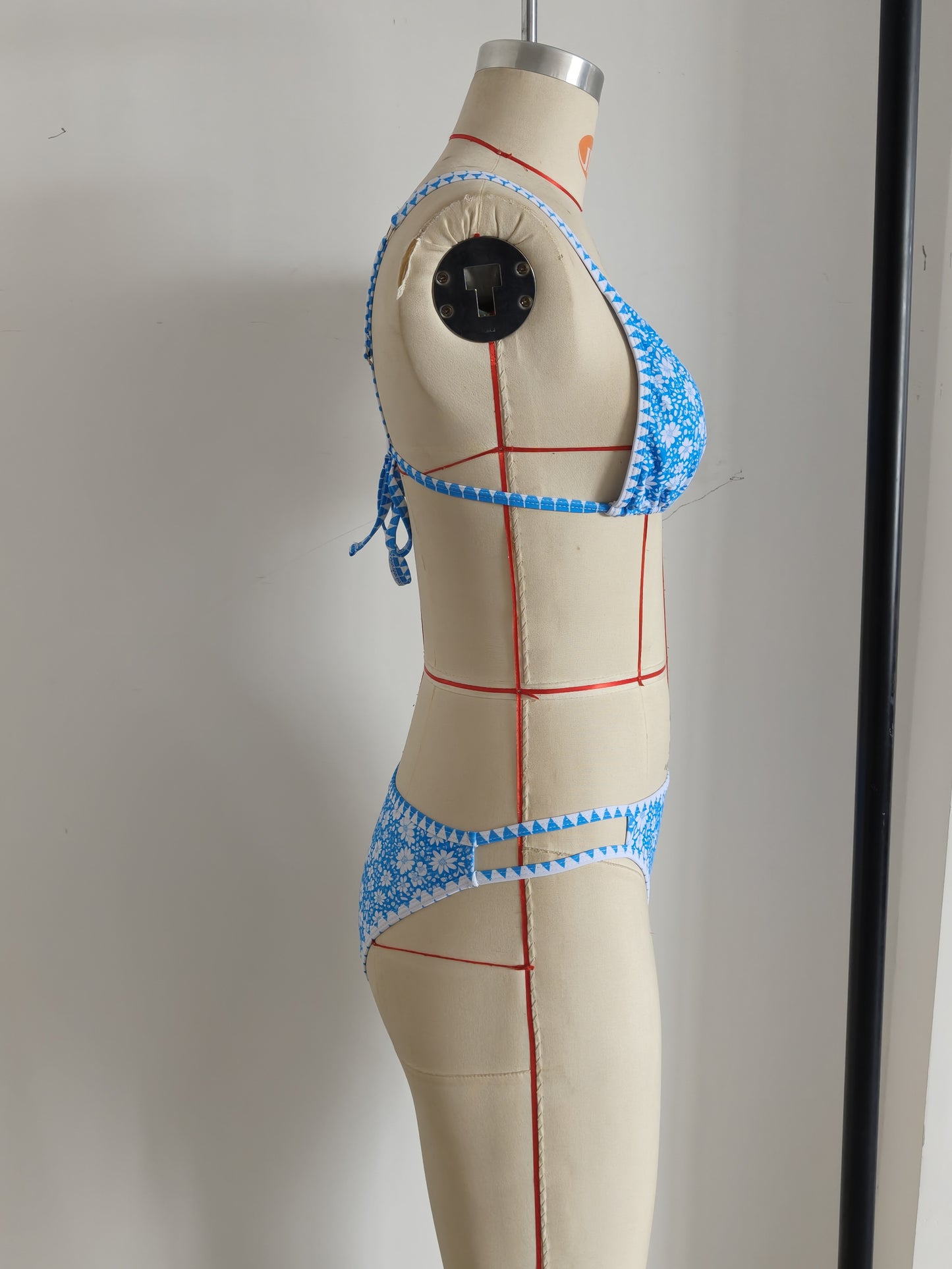 Adjustable Strap Blue Floral Print Swimwear Set Size XL