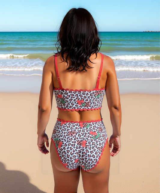Designer Slenderizing Plus Size Two Piece Beach Set Featuring Fierce Animal Print Size 0XL