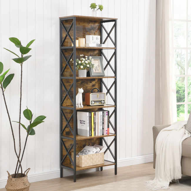 6 Tier Tall Bookshelf, Rustic Brown Hover Image
