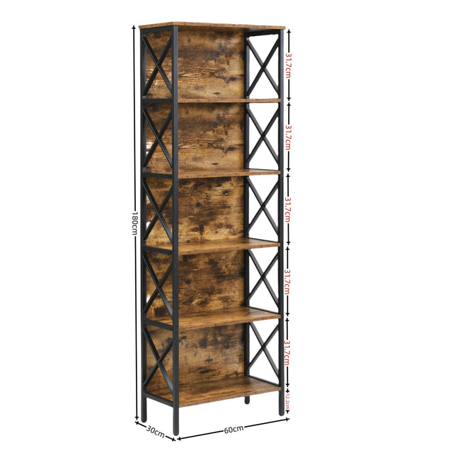 6 Tier Tall Bookshelf, Rustic Brown Main Image